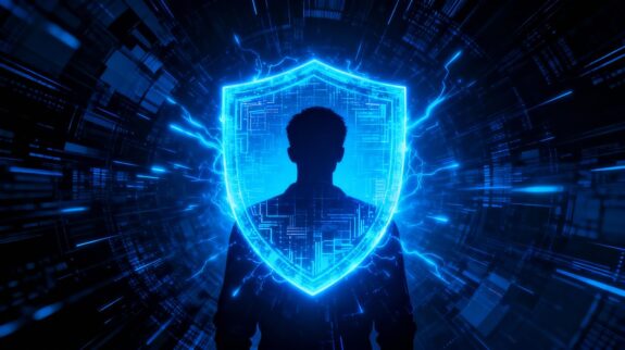 Digital shield protecting a person from cyber threats.