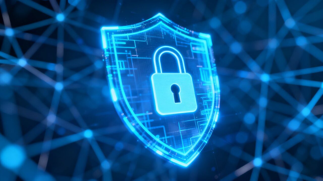 Digital shield with lock icon, abstract network background.