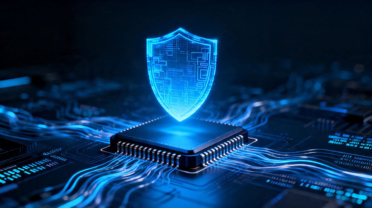 Aura antivirus shield protecting a computer chip.