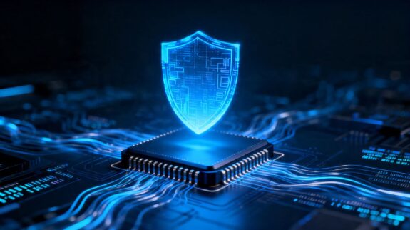 Aura antivirus shield protecting a computer chip.
