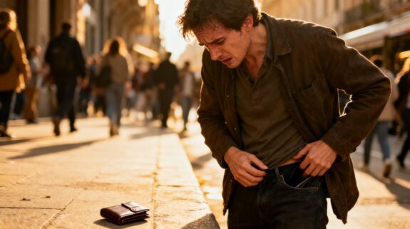 Person searching for lost wallet on a street.